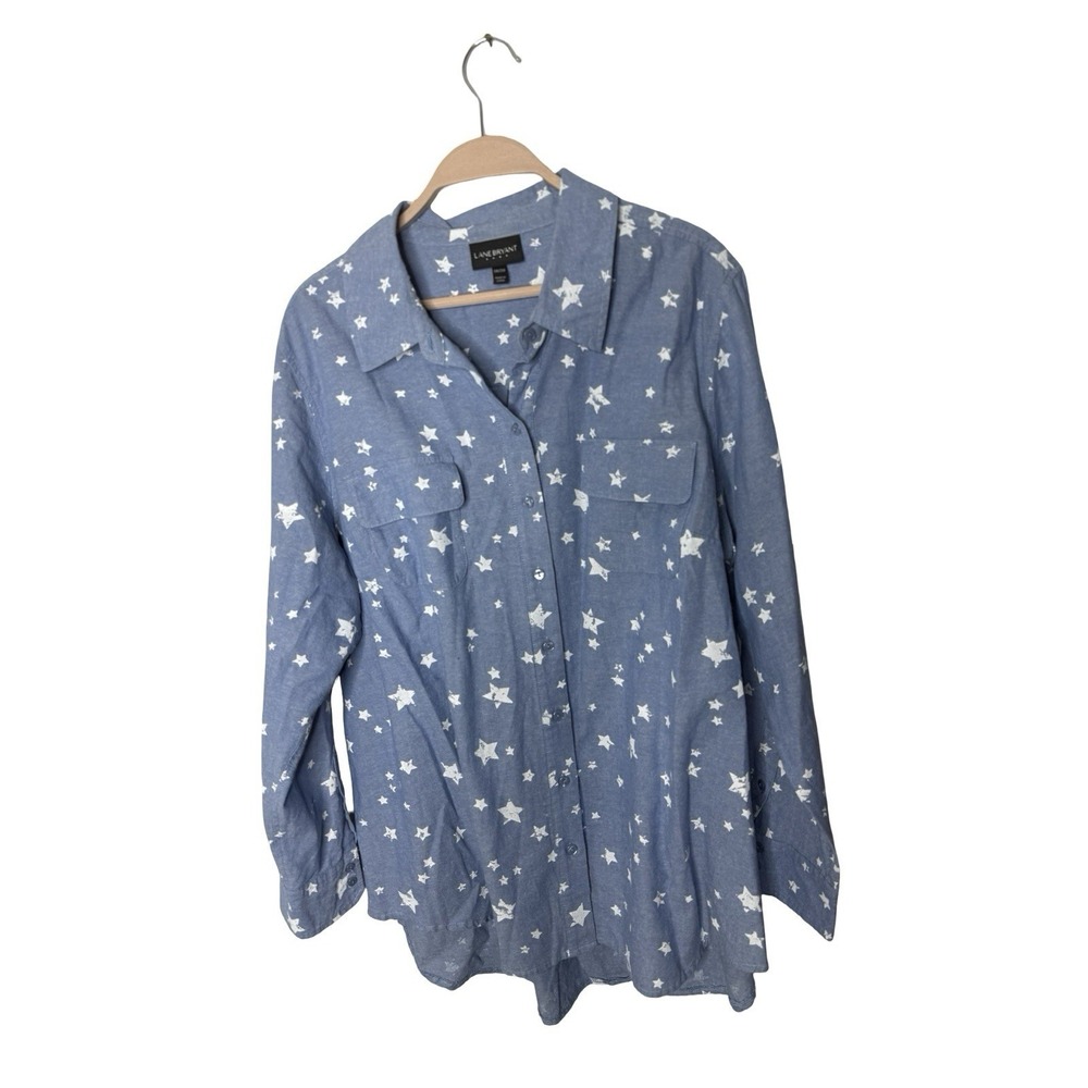 Lane Bryant‎ Blue White Star Chambray Button Up Shirt Sz 18 20